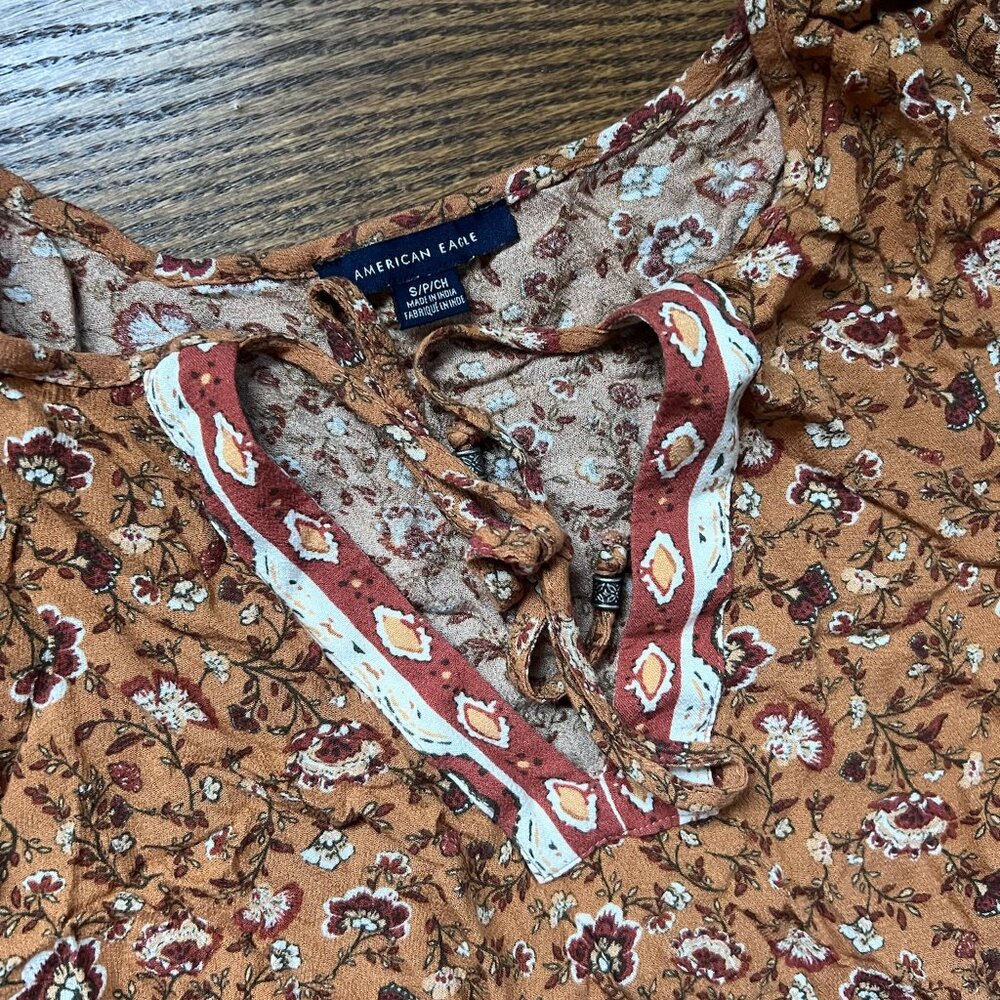 American Eagle Bohemian Flowy Fit Long Puffy Sleeve Floral Mini Dress Orange S - Picture 3 of 6